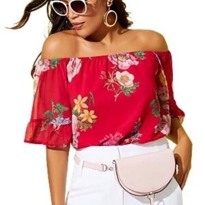 New York & Company Sweet Pea‎ Floral Off Shoulder Blouse Top Havana Pink S Z173